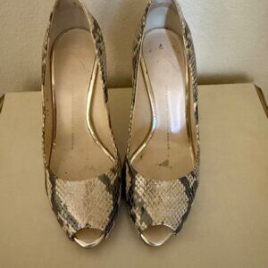 GIUSEPPE ZANOTTI Leather Snakeskin Embossed Hidden Platform Open Toe Heels